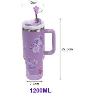 Gobelet isotherme sous vide en acier inoxydable 304 de 40 oz à motif floral, portable pour l'extérieur, avec poignée et paille, pour voiture - Product Image 5