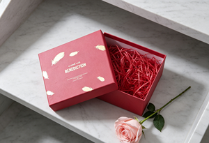 Red rigid lid and base gift box made of high quality cardboard with die cutting lamination and gold stamping process - Product Image 5