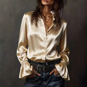 <span class=keywords><strong>Chemise</strong></span> longue en satin perlé pour femme, <span class=keywords><strong>col</strong></span> <span class=keywords><strong>montant</strong></span> à volants, confortable, style décontracté français, coupe ample pour l'automne - Product Image 6
