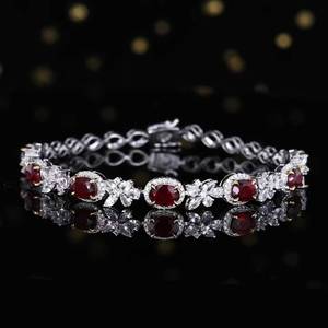 Solid 18K Gold Natural Pigeon Blood <b>Ruby</b> Wide Tennis <b>Bracelet</b> Inlaid 0.804ct Pavé Diamonds Formal Banquet Statement Jewelry - Product Image 1
