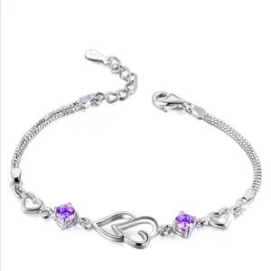 韩版时尚水晶手链心形紫水晶银手链电镀合金女士手链