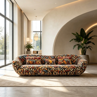 Ensemble de canapés incurvés et arrondis, style bohème, motif géométrique ethnique, tissu rembourré, coussins assortis, style loft, canapé spacieux pour salon