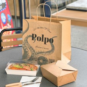 Sacs shopping en papier kraft personnalisés avec logo pour restaurants, vente en gros, poignées imprimées acceptées pour l'emballage alimentaire et la promotion - Product Image 2