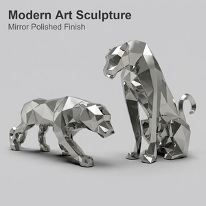 Scultura Moderna di Leopardo in Acciaio Inossidabile a Specchio, Statua Geometrica Sfaccettata di <span class=keywords><strong>Pantera</strong></span> per Decorazione Esterna di Giardini e Hotel di Lusso - Product Image 1