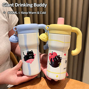 Vaso Aislado de Acero Inoxidable 304 de 600 ml con Diseño de Gato de Dibujos Animados, Portátil, para Exteriores, con Gran Capacidad y Asa - Product Image 2