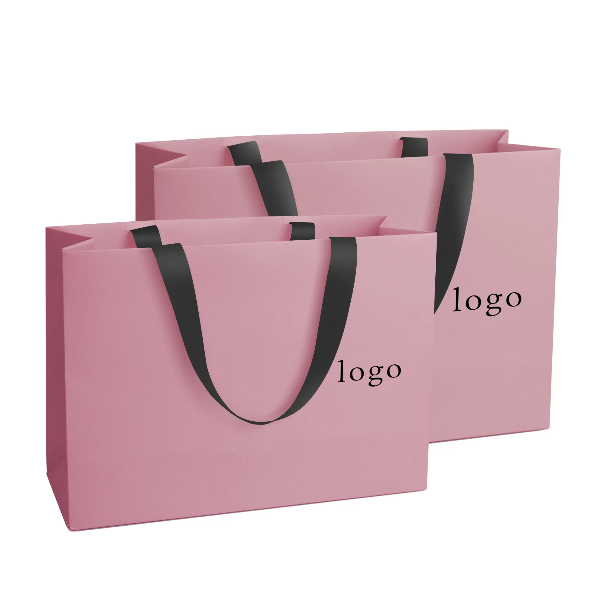 Sacola de papel de compras luxuosa personalizada com seu próprio logotipo para roupas, sacola boutique de roupas rosa fosco com alças de fita