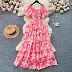 Robe florale romantique vintage pour femme, manches bouffantes, taille cintrée, design chic et haut de gamme, robe à volants pour l'été - Product Image 5