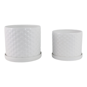 Vasi in ceramica con motivo a rilievo e sottovasi, design testurizzato per decorazioni da giardino interne ed esterne, elegante bianco - Product Image 3
