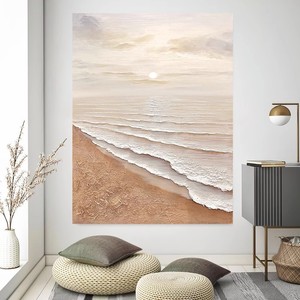 Peinture à l'huile peinte à la main, soleil sur plage dorée, style impressionniste, sans cadre, art mural minimaliste moderne pour salon - Product Image 3