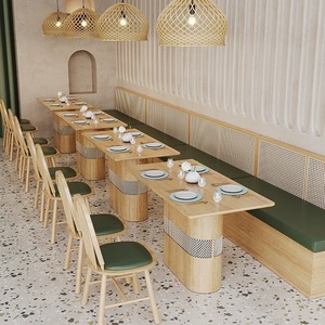 Sistema de Mesa y Sillas para Restaurante Estilo Japandi Natural, Asientos con Respaldo de Mimbre, Sillas Semicirculares en Forma de C, Sofá para Restaurante - Product Image 3