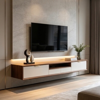 Console TV flottante moderne personnalisée avec rétroéclairage LED, tiroirs blancs, poignées dorées, meuble mural pour salon ou hôtel, OEM ODM