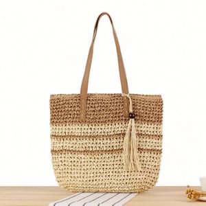 French Striped <b>Large</b> Capacity Woven Straw Tote <b>Bag</b> for Business Women New Color Contrast <b>Beach</b> <b>Bag</b> Embroidery Two Open - Product Image 2