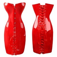 Damen Clubkleider Latex Catsuit Vinyl Wetlook Buckle-Up Shapewear Fetisch Kleidung Satin Trägerloses Bustier-Top Korsett-Kleid