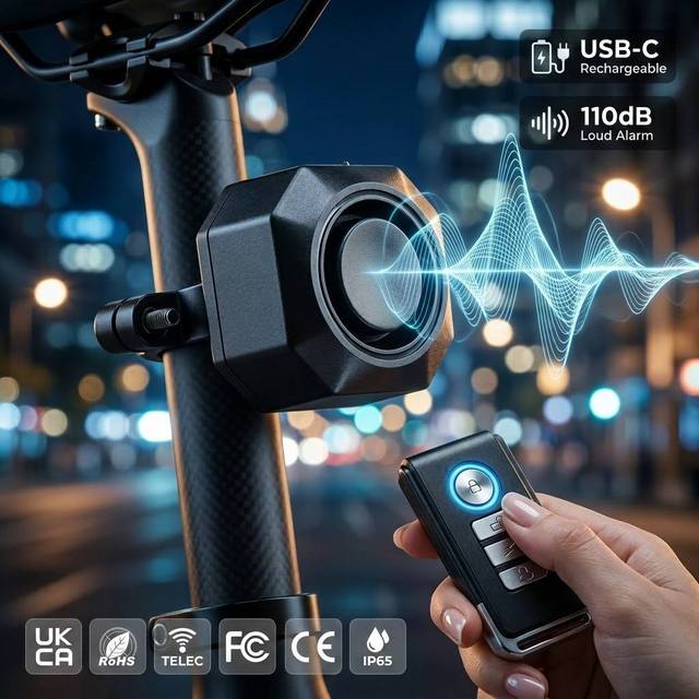 Multi-Level Sensing Bicycle Alarm 110dB Rechargeable Motion Detector Remote Control Vibration Sensor for Road Bike Garage