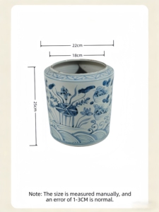 Pot cylindrique droit peint à la main avec motif de lotus bleu et blanc et de canards mandarins - Product Image 6