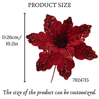 Fleurs de Noël artificielles pas chères 2025, fleurs en velours à paillettes, poinsettia bordeaux, tige de poinsettia rouge pour guirlande de sapin de Noël