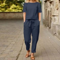 Ensemble rétro en coton et lin pour femmes, manches courtes, col rond, uni, ample, haut à manches courtes, pantalon large à taille haute, deux pièces