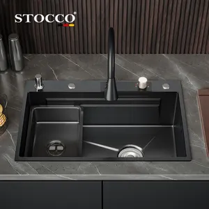 Fregadero de cocina multifunción de acero inoxidable 304, moderno y de lujo, con un solo cuenco, negro, cascada