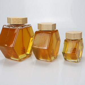 Tarro de miel de vidrio hexagonal de 100ml, 220ml, 380Ml, con cucharón de bambú, contenedor de miel con tapa de bambú de madera - Product Image 3