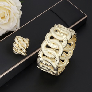 JXX Women's <b>Gold</b> Plated Brass Jewelry <b>Set</b> 2PCS Open <b>Bangle</b> Ring for Engagement Wedding and Party Gift - Product Image 1