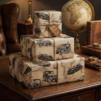 Papel de Regalo Kraft Impreso Personalizado con Patrón de Mapa de Auto Clásico Vintage, Papel para Envolver Regalos para Hombres, Embalaje para Regalos de Cumpleaños