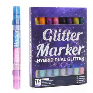 ปากกาไฮไลท์กลิตเตอร์ 8 ชิ้น 16 สี หัวปากกาแบบสองด้าน ใช้สำหรับวาดภาพ DIY สีสดใส ปากกามาร์คเกอร์สูตรน้ำ พร้อมกล่องสี - Product Image 2