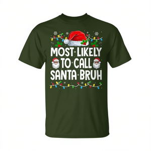 Camiseta de manga corta con estampado digital de cuello redondo unisex para adultos, con la frase 'Most Likely To Call Santa Holiday Superlative' - Product Image 2