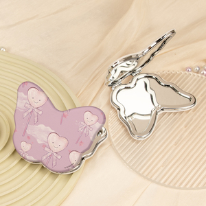 Miroir compact en cuir PU imprimé motif papillon, cadre métallique argenté, double face, verre HD, format poche, thème dessert pastel - Product Image 4