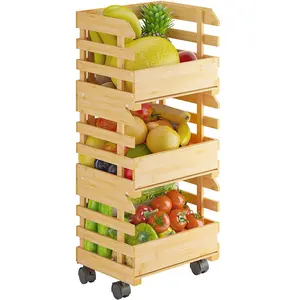 ขายส่งห้องครัว3ชั้นไม้ไผ่ผลไม้และผักตะกร้าเก็บที่มีล้อ