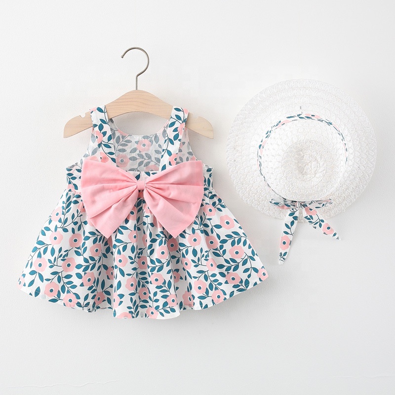 Summer Baby Toddler Clothes Sleeveless Floral Cotton Little Girl Casual Baby Kids Flower Dress Set With Hat