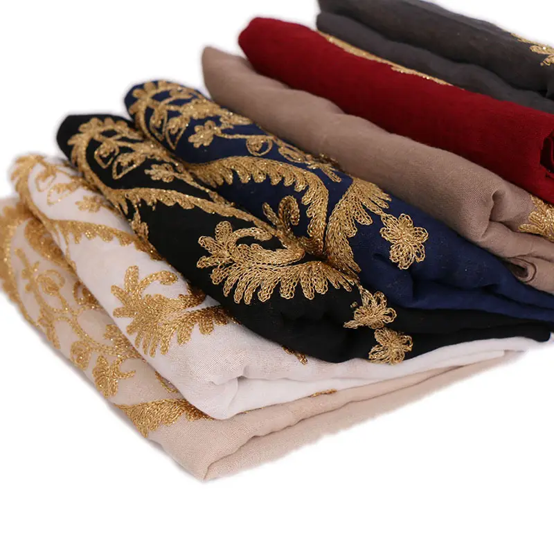 Factory cheap luxury style cotton voile viscose embroidery scarf hijab shawl