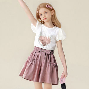 Ensemble deux pièces pour filles, t-shirt à manches bouffantes à imprimé cœur et <span class=keywords><strong>jupe</strong></span> plissée, tenue décontractée d'été pour enfants, vêtements pour enfants - Product Image 2