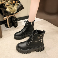 Bottes en cuir à plateforme et fermeture éclair pour femme Martins, automne-hiver 2026, noires, bout fermé, style moto