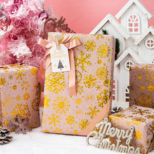 Kraft Christmas Wrapping Paper Snowflake Metallic Gold Embossed Foil Gift <b>Wrap</b> Roll <b>Pink</b> and Gold Luxury Design for Holiday - Product Image 2