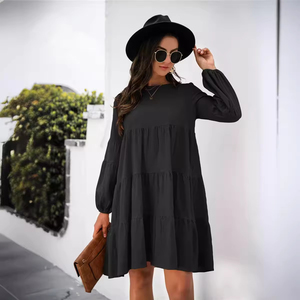 Nouvelle robe ample en coton et lin de couleur unie, col rond, manches lanternes, coupe ample, pour l'automne et l'hiver - Product Image 1