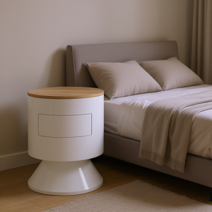 Comodino Bianco Lucido a 1 Cassetto Stile Tamburo con Piano in Legno, Arredamento Moderno per Camera da Letto - Product Image 2