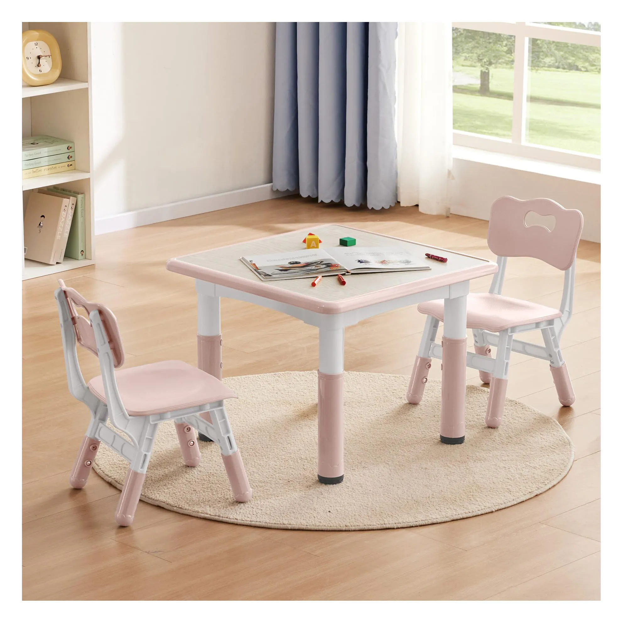 प्लास्टिक बच्चों के फर्नीचर टेबल और कुर्सी सेट, ऊंचाई समायोज्य डेस्क और कुर्सी सेट, बच्चों के लिए घरेलू फर्नीचर अध्ययन टेबल