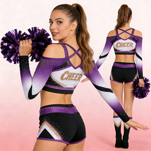 Uniformes de Animadoras Personalizados para Escuelas Secundarias, Cómodos, de Spandex con Pedrería, Trajes de Baile - Product Image 1