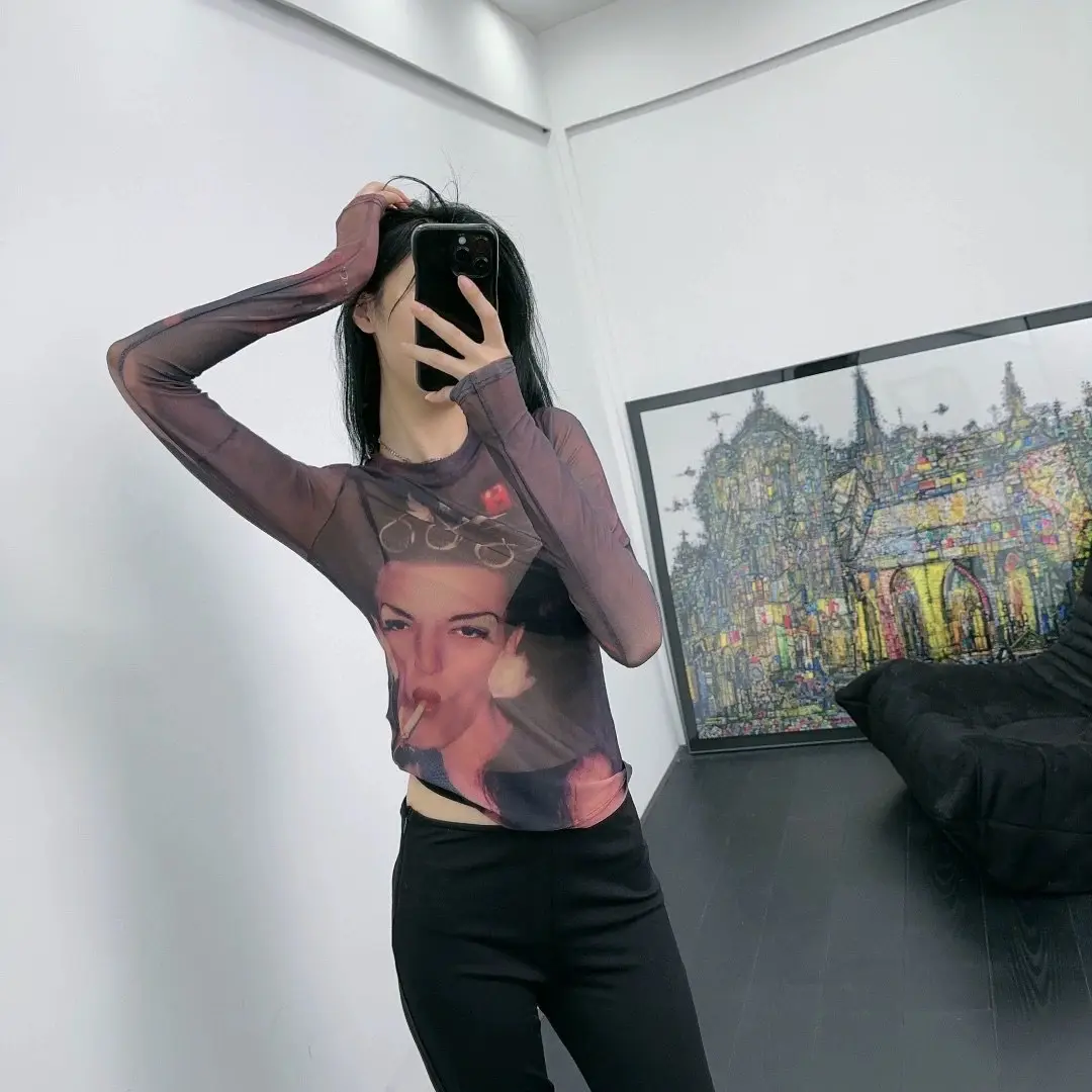 YY1797 camisetas de manga comprida transparente de malha sexy para mulheres blusas e tops casuais roupas femininas 2024