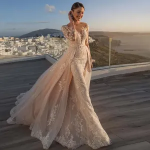 Su misura staccabile 2 <span class=keywords><strong>in</strong></span> 1 abiti da sposa ricami <span class=keywords><strong>in</strong></span> pizzo con strascico O collo pieno manica Vestido di Novia abiti da sposa - Product Image 1