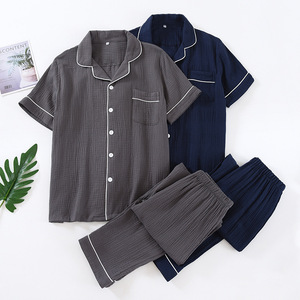 Tuta da <span class=keywords><strong>uomo</strong></span> Casual per la casa <span class=keywords><strong>pigiama</strong></span> a <span class=keywords><strong>maniche</strong></span> <span class=keywords><strong>corte</strong></span> 100% cotone traspirante crêpe stile semplice - Product Image 4