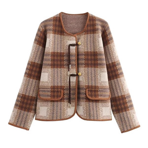 Cardigan en tricot à carreaux pour femme, coupe ample, manches longues, simple boutonnage, pour l'automne et l'hiver, style décontracté - Product Image 1