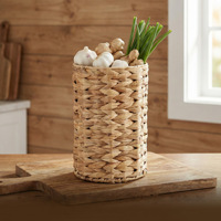 Panier de rangement cylindrique en rotin naturel tressé style rustique avec couvercle, fait main, pour bureau et cuisine