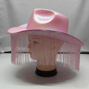 Chapeau de cowboy rose irisé avec pompons, style Y2K, chapeau de fête unisexe, accessoire de costume d'Halloween en satin - Product Image 1