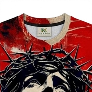 T-shirt à manches courtes col rond en jersey brodé avec imprimé Couronne d'épines de Jésus, coupe décontractée pour homme - Product Image 6
