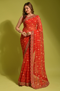 Sari en Georgette Chiffon à Imprimé Floral et Broderies Métallisées avec Blouse Non Cousue - Product Image 6