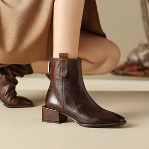 Botines de Mujer con Tacón Grueso y Punta Cerrada, Estilo Retro, de Cuero Genuino, para Todas las Temporadas, con Suela de Goma - Product Image 3