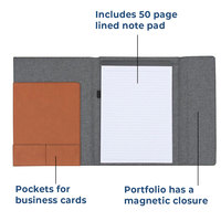Cuaderno de cartera de lona y cuero PU Laserable-9 1/2 "X 12" con lazo para bolígrafo y ranuras para tarjetas de visita para regalos corporativos