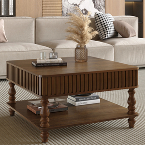 31.5 Inch Square Fluted Lift-Top <b>Coffee</b> <b>Table</b> With Hidden Storage Hydraulic Raising Mechanism Retro Solid Wood Legs - Product Image 4