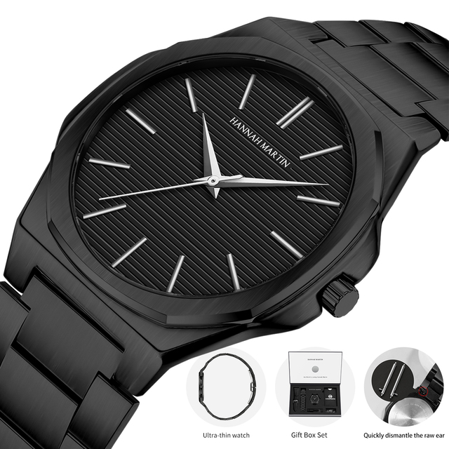 HANNAH MARTIN Design Custom Logo Black Classic Watch for Men Watch Gift Sets OEM Minimalist Quartz Watches Montre De Luxe Homme